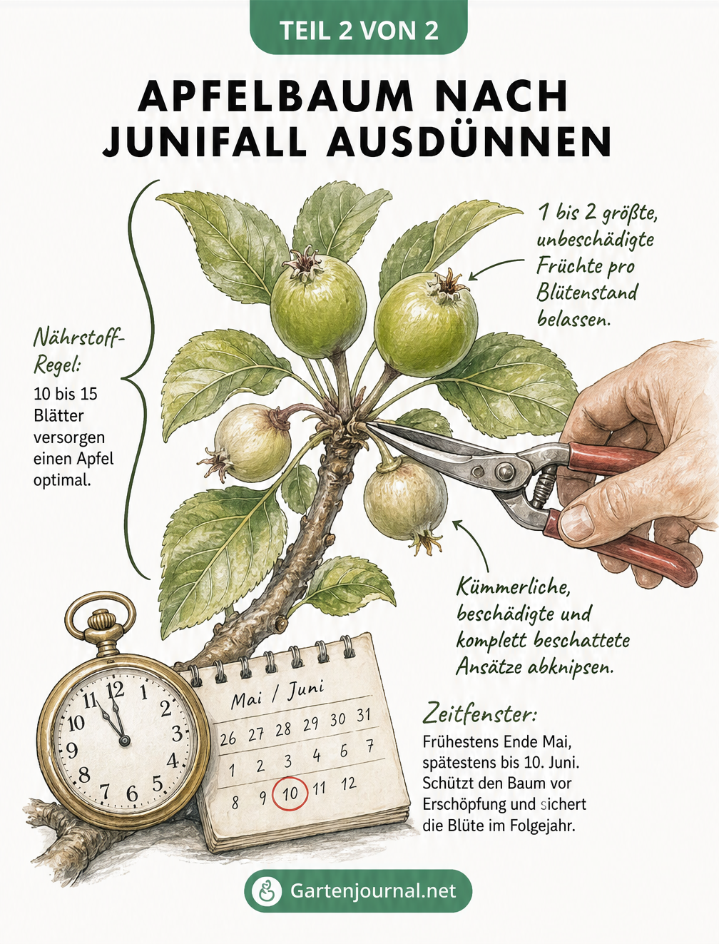 Skizze einer Hand mit Gartenschere, die kleine und beschattete Jungäpfel von einem Blütenstand abschneidet, um die verbleibenden Früchte zu stärken.