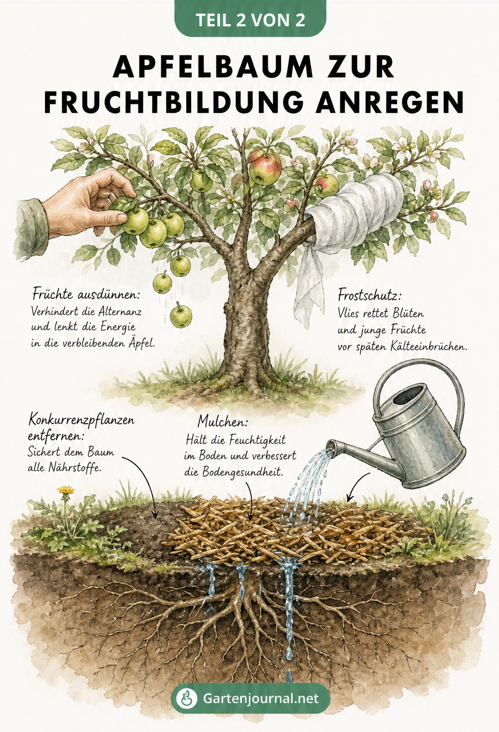 Aquarell-Illustration eines gesunden Apfelbaums, die Maßnahmen wie Früchte ausdünnen, Frostschutz, Mulchen und Wässern zeigt.