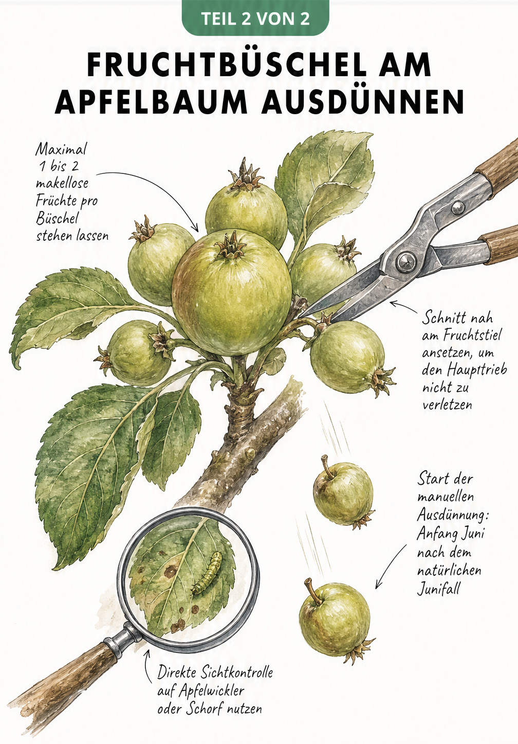 Nahaufnahme eines Fruchtbüschels am Apfelbaum, bei dem kleine Äpfel mit einer Gartenschere entfernt werden.