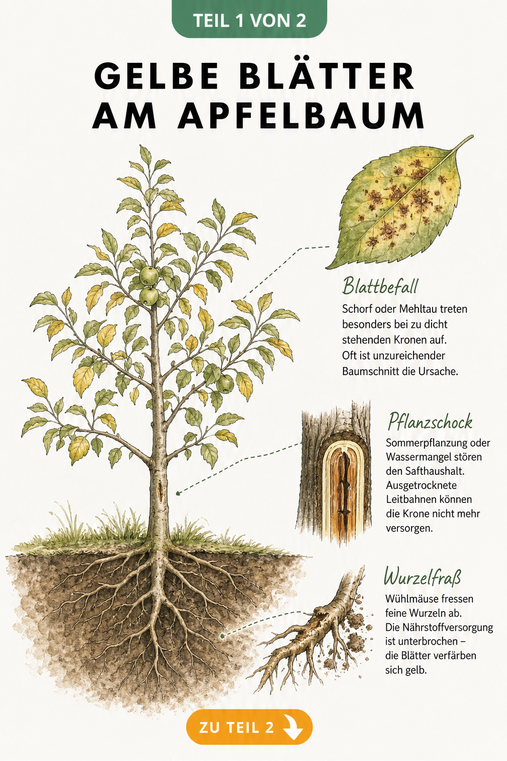 Botanische Illustration eines Apfelbaums im Querschnitt, die Ursachen für gelbe Blätter wie Pilzbefall, Pflanzschock und Wühlmausfraß an den Wurzeln zeigt.