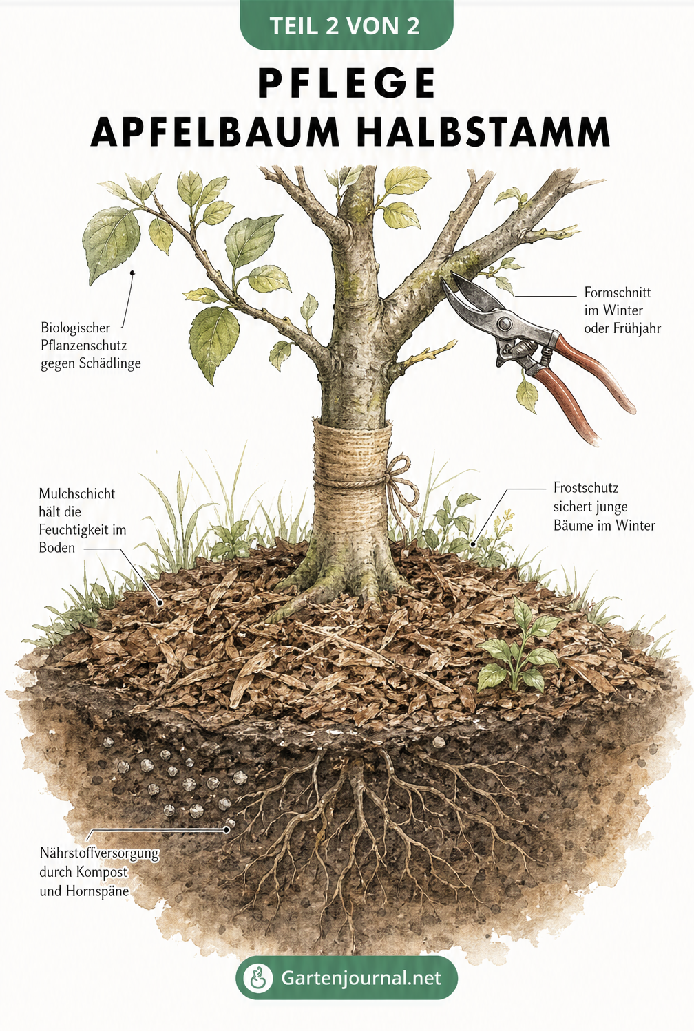 Zeichnung der Pflegemaßnahmen an einem Apfelbaum Halbstamm mit Gartenschere, Mulchschicht und Frostschutz