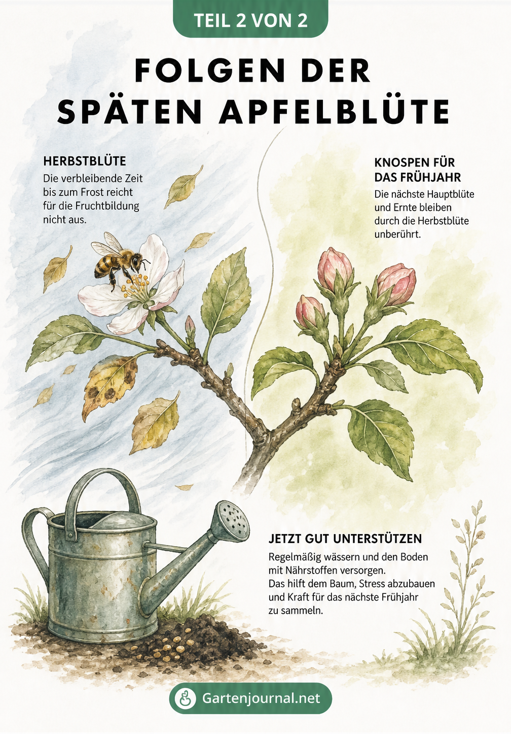 Illustration eines Apfelzweigs, die eine abfallende Herbstblüte und eine geschlossene Knospe für das Frühjahr gegenüberstellt.