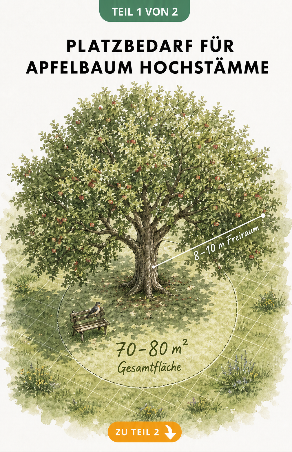 Illustration eines ausgewachsenen Apfelbaum-Hochstamms mit Markierung des Platzbedarfs von 70 bis 80 Quadratmetern und 8 bis 10 Metern Freiraum.