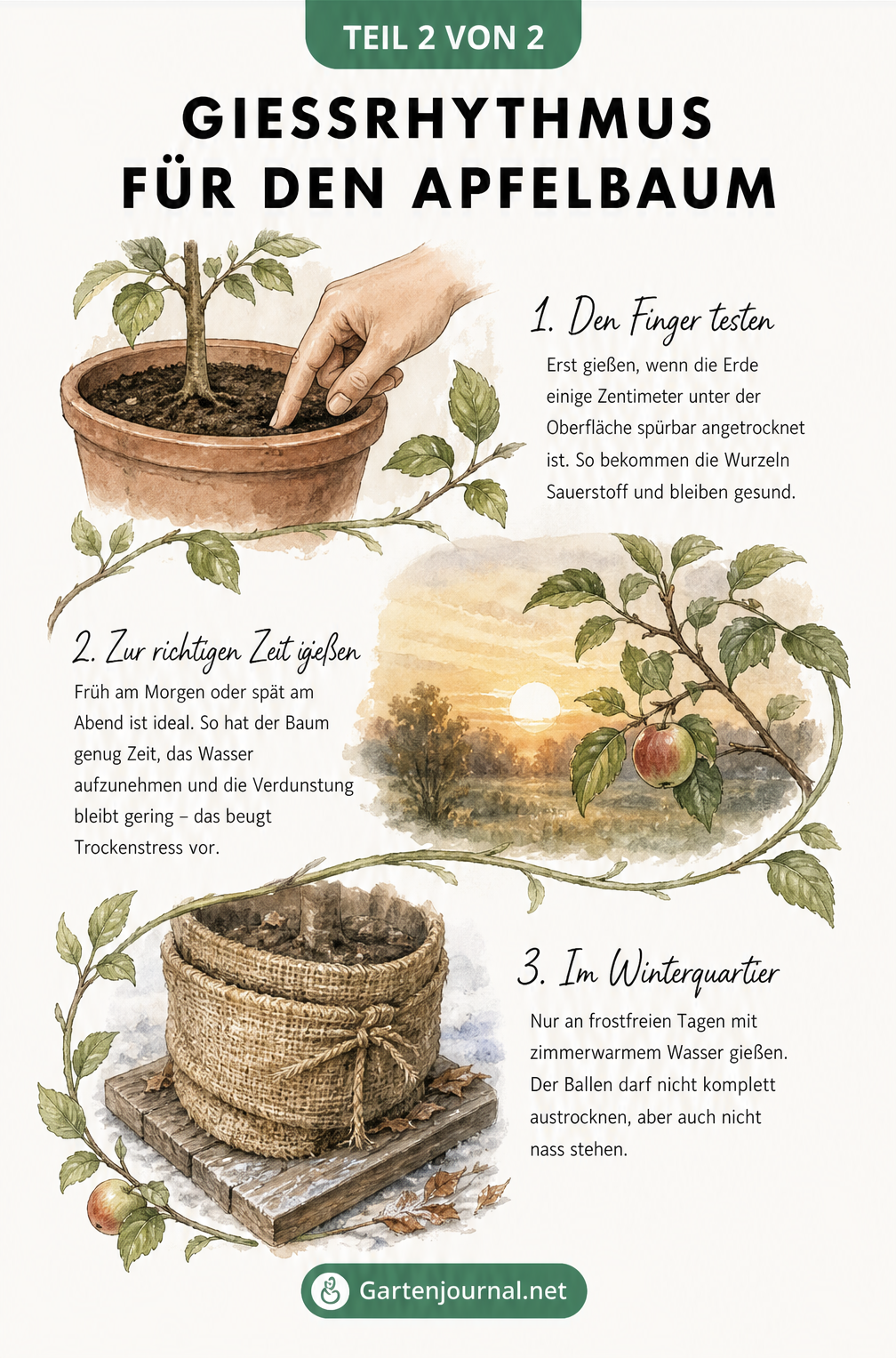 Illustration zum Gießrhythmus eines Apfelbaums im Topf mit Fingertest, Tageszeiten und Winterquartier