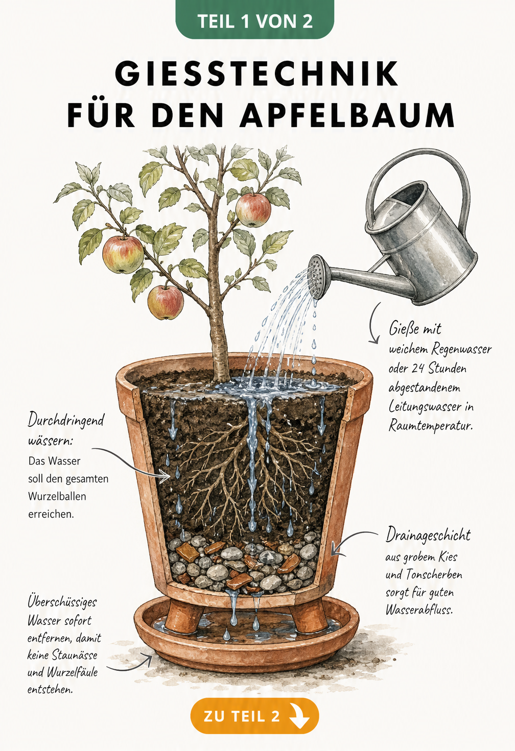 Querschnitt eines Terrakotta-Topfes, der die richtige Gießtechnik und Drainage für einen Apfelbaum zeigt