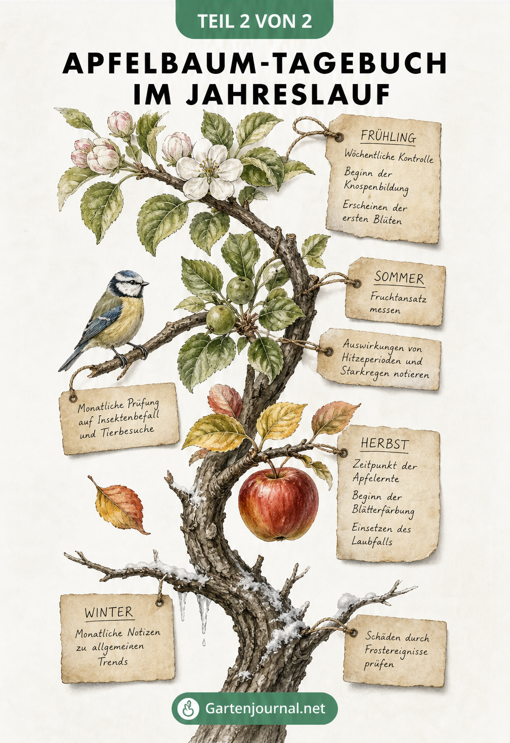 Botanische Illustration eines Apfelbaumastes, der von oben nach unten die vier Jahreszeiten mit Knospen, Früchten, Herbstlaub und kahlen Zweigen zeigt