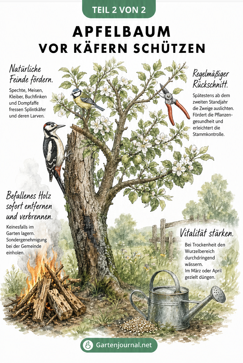 Illustration eines Apfelbaums mit Maßnahmen gegen Käferbefall wie Nützlingsförderung, Wässern, Düngen und Rückschnitt
