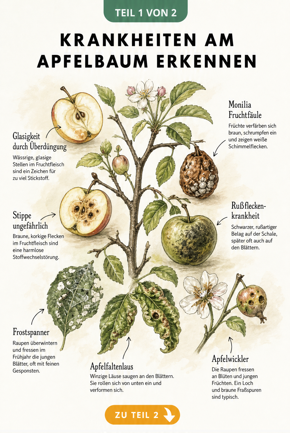Illustration eines Apfelzweigs mit typischen Schadbildern wie Glasigkeit, Stippe, Monilia Fruchtfäule, Rußfleckenkrankheit sowie Fraßspuren von Frostspanner,...