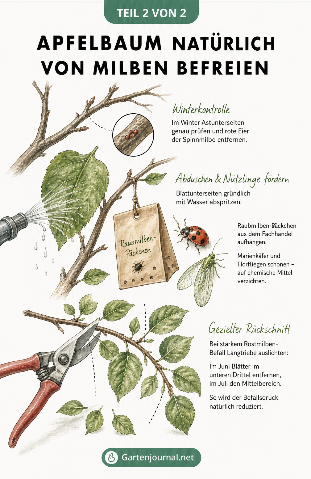 Biologische Maßnahmen gegen Milben am Apfelbaum im Jahresverlauf