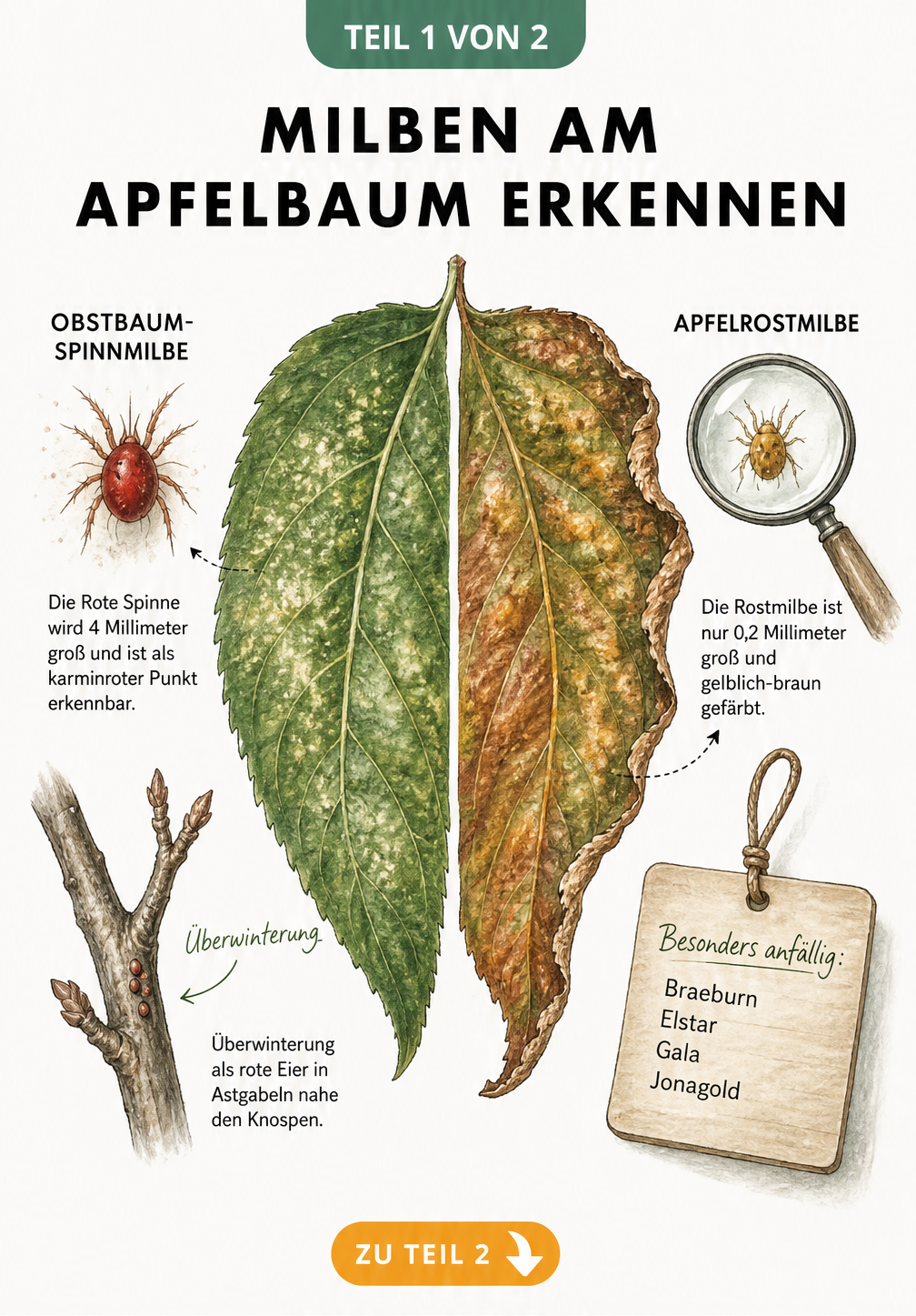 Vergleich der Schadbilder von Obstbaumspinnmilbe und Apfelrostmilbe an einem Apfelblatt