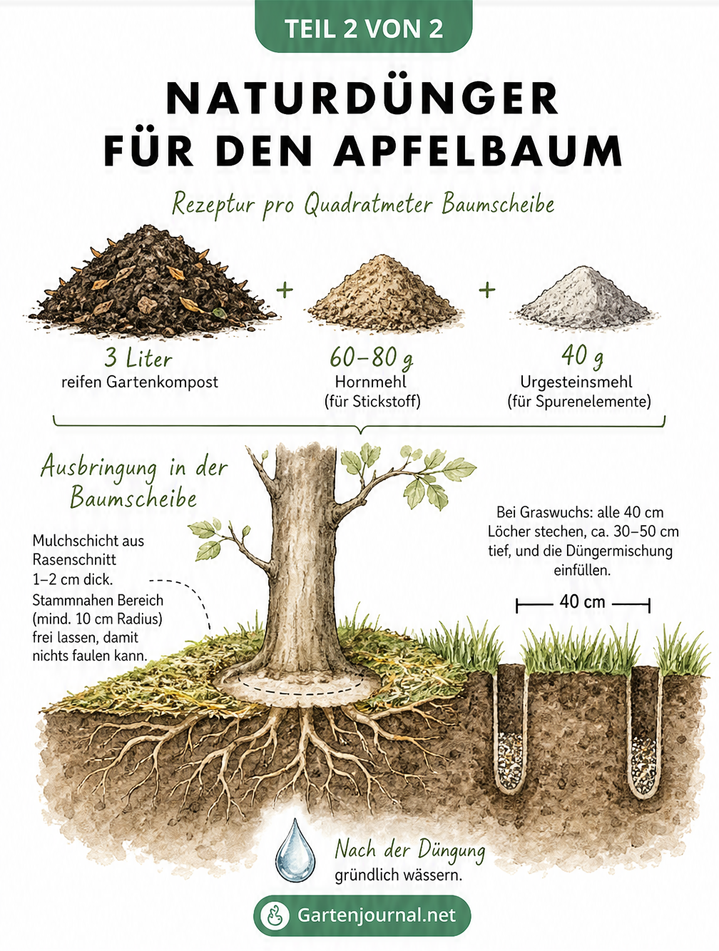 Skizze einer Naturdünger-Mischung aus Kompost, Hornmehl und Urgesteinsmehl sowie ein Bodenquerschnitt am Apfelbaum