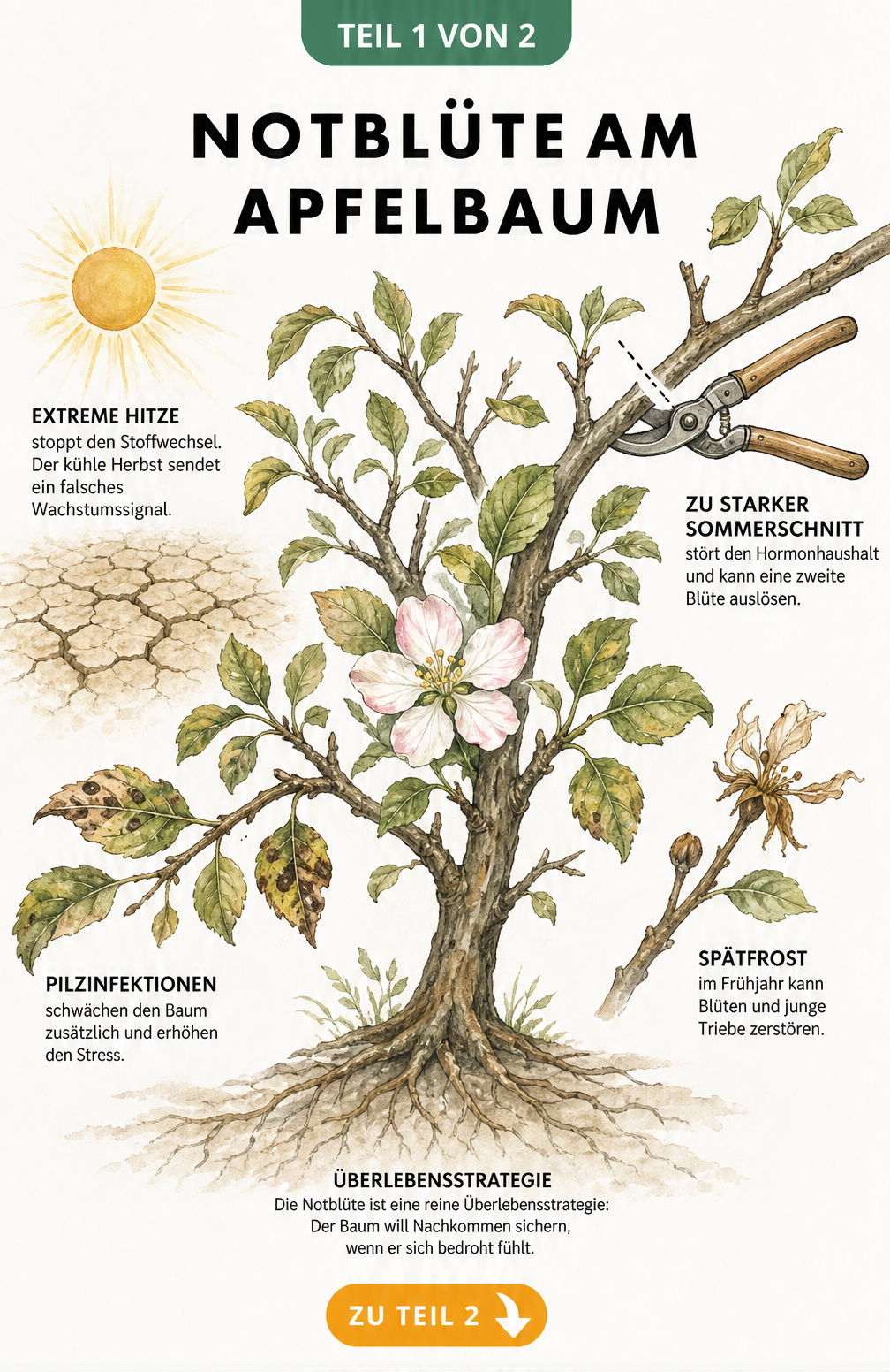 Illustration eines Apfelbaums im Spätsommer, die Stressfaktoren wie Hitze, Pilzinfektionen und falschen Schnitt als Ursache für eine Notblüte zeigt.