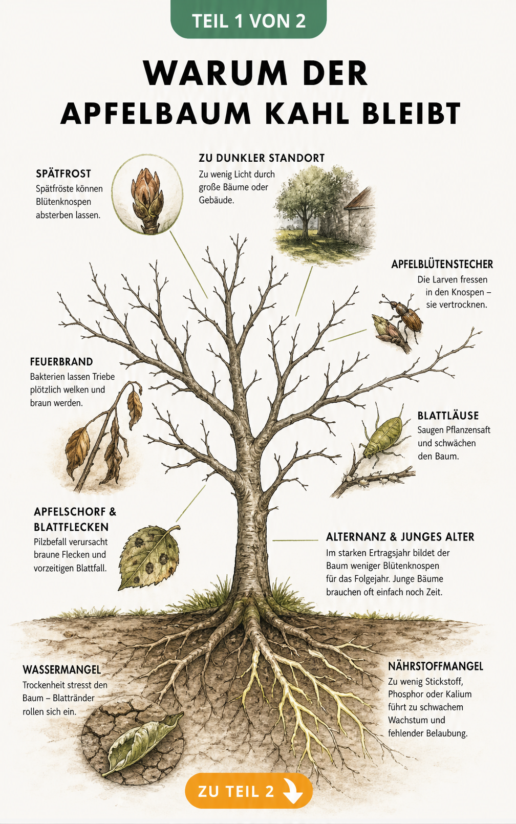 Botanische Illustration eines kahlen Apfelbaums im Querschnitt, die Ursachen wie Frost, Schädlinge, Krankheiten und Nährstoffmangel zeigt.