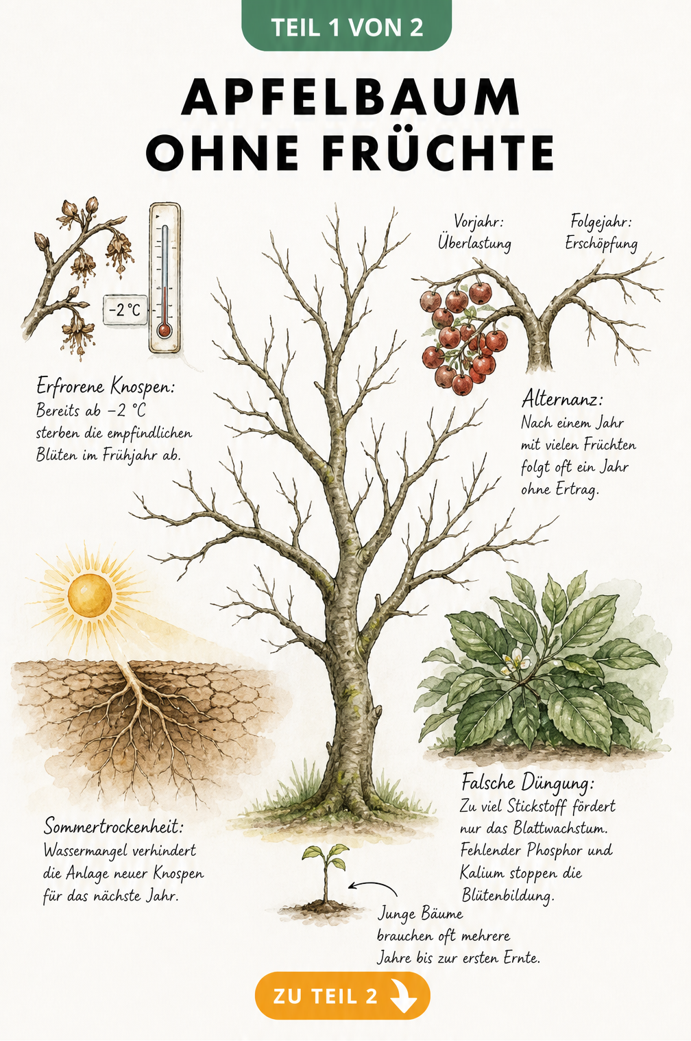 Illustration eines kahlen Apfelbaums mit Detailansichten zu Ursachen wie Spätfrost, Alternanz, Trockenheit und falscher Düngung.