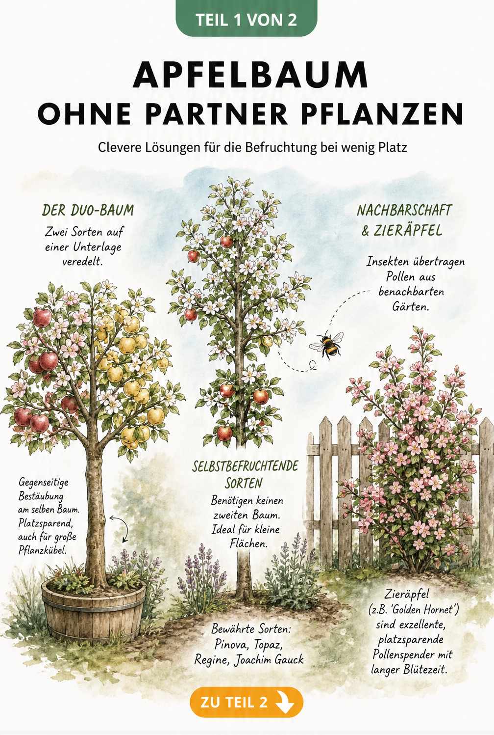 Illustration von drei Loesungen fuer Apfelbaeume ohne Partner: Duo-Baum, selbstbefruchtende Sorte und Zierapfel als Bestaeuber.