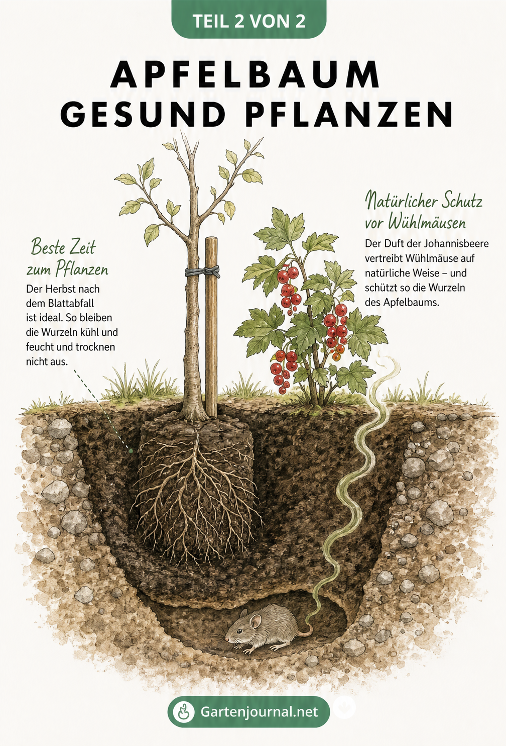 Querschnitt eines idealen Pflanzlochs für einen Apfelbaum mit Humus und einem Johannisbeerstrauch, dessen Geruch Wühlmäuse vertreibt.