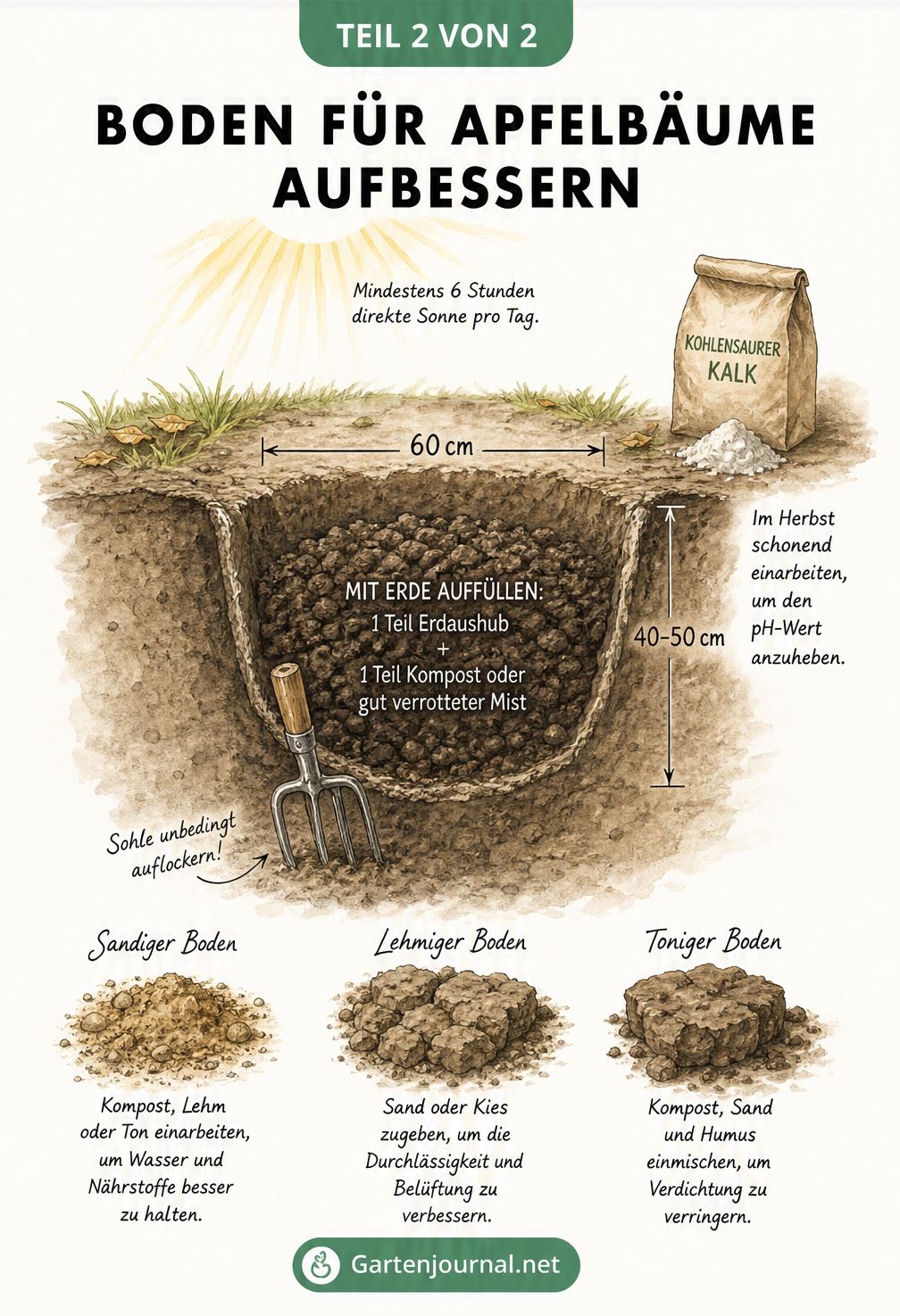 Skizze eines optimal vorbereiteten Pflanzlochs für Apfelbäume mit Hinweisen zur Bodenverbesserung bei Sand, Lehm und Ton.