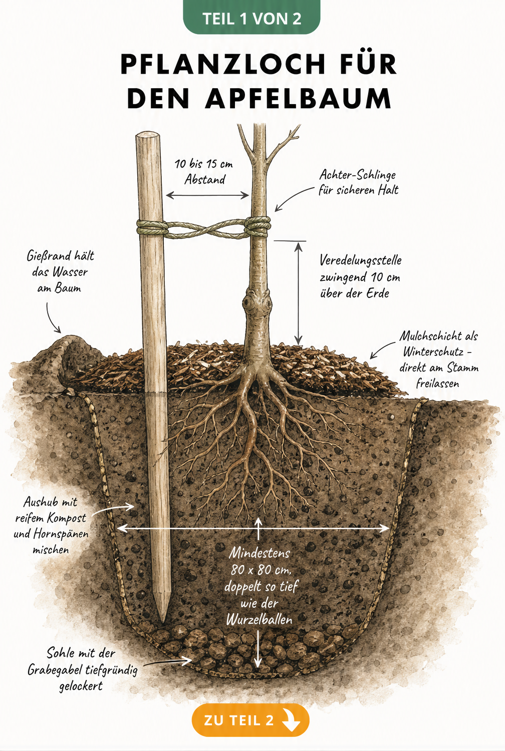 Querschnitt durch das Erdreich mit einem frisch gepflanzten Apfelbaum, Pflanzpfahl, Baumband und Mulchschicht