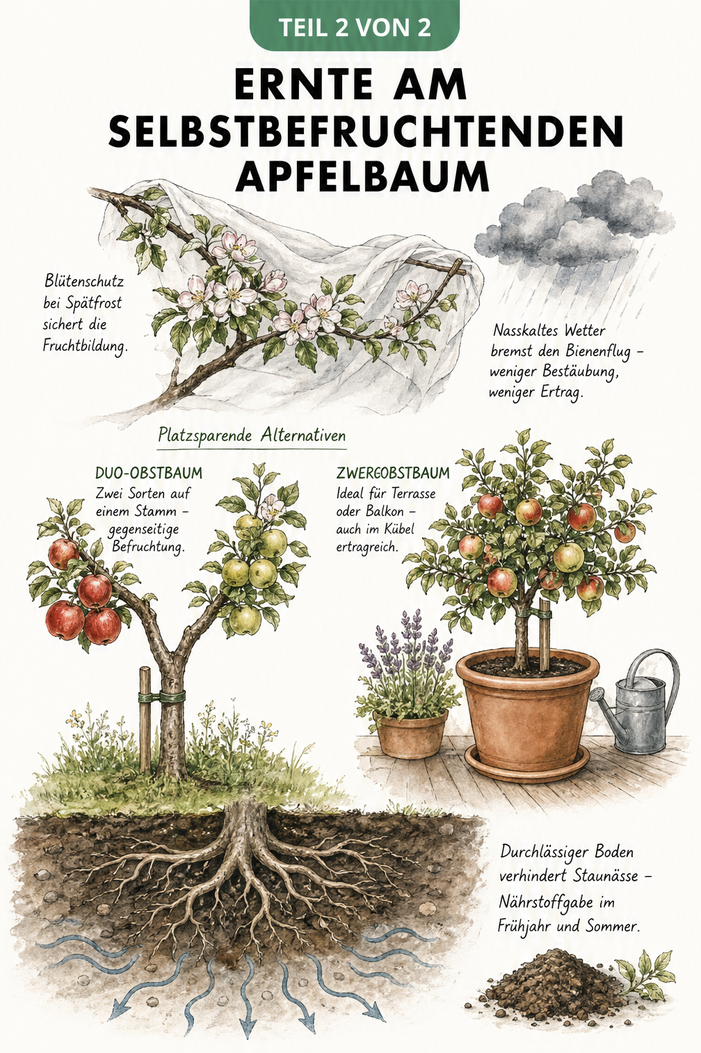 Illustration zu Spätfrostschutz, Duo-Obstbaum, Zwergobstbaum im Kübel und durchlässigem Boden