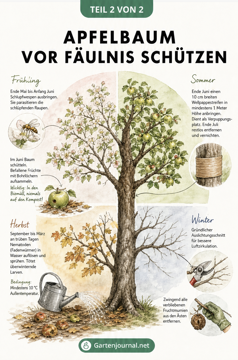 Gartenbau-Skizze eines Apfelbaums mit Pflegemaßnahmen gegen Fäulnis im Frühling, Sommer, Herbst und Winter