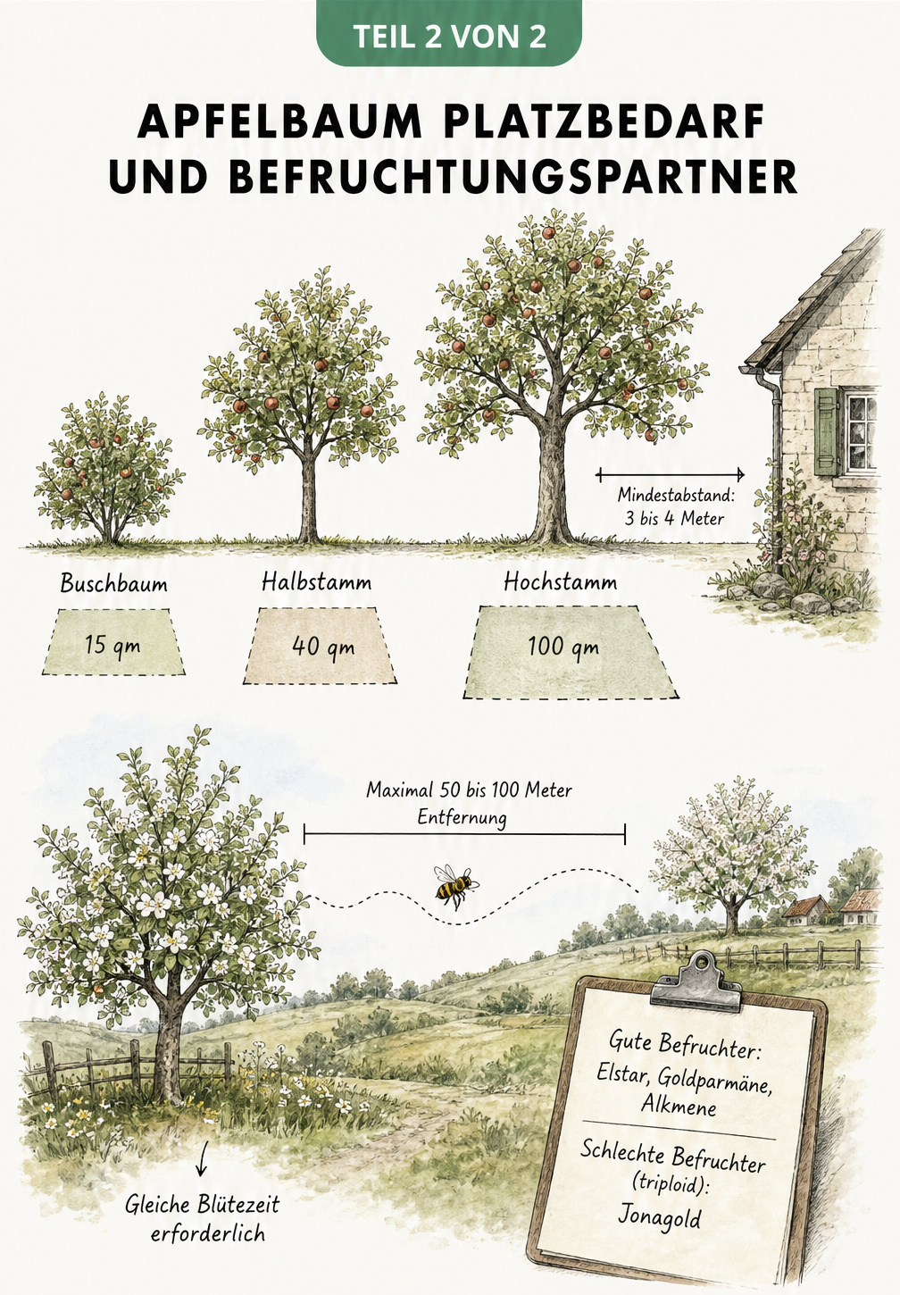 Illustration verschiedener Apfelbaum-Wuchsformen und deren Platzbedarf sowie die Darstellung der Befruchtung durch Bienen zwischen zwei Bäumen