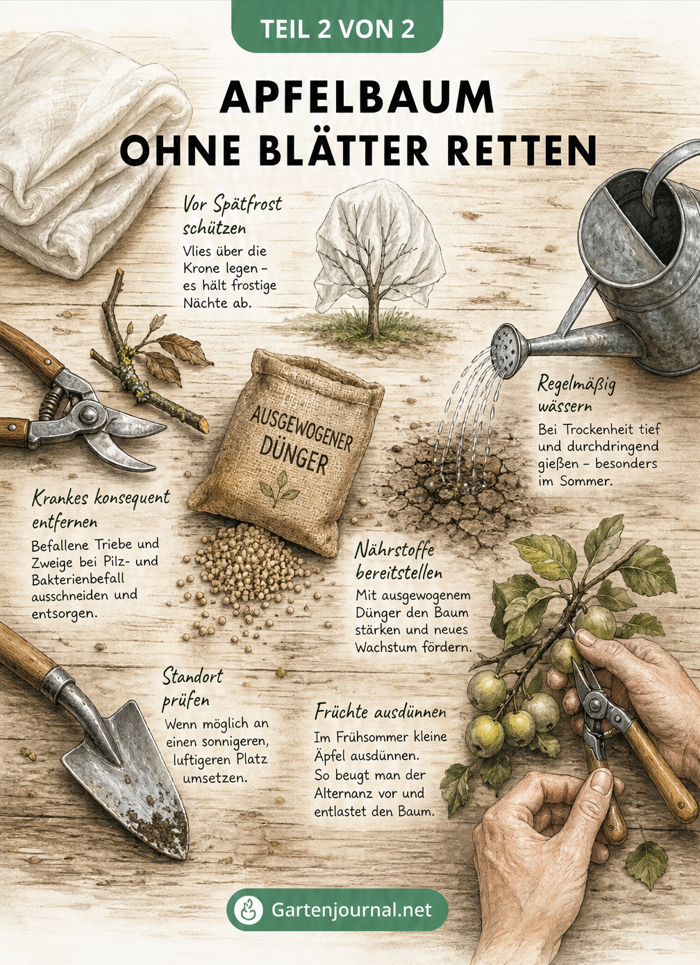 Illustration eines Pflanztisches mit Gartenwerkzeugen wie Frostschutzvlies, Gartenschere, Dünger und Gießkanne zur Rettung eines Apfelbaums.