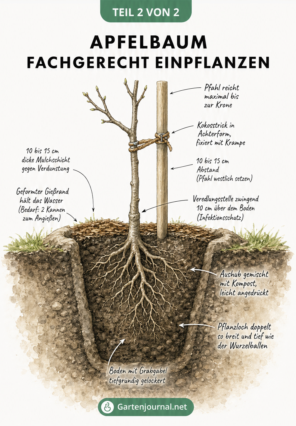 Schnittdarstellung eines frisch gepflanzten Apfelbaums mit Stützpfahl, Pflanzloch, Mulchschicht und Gießrand.