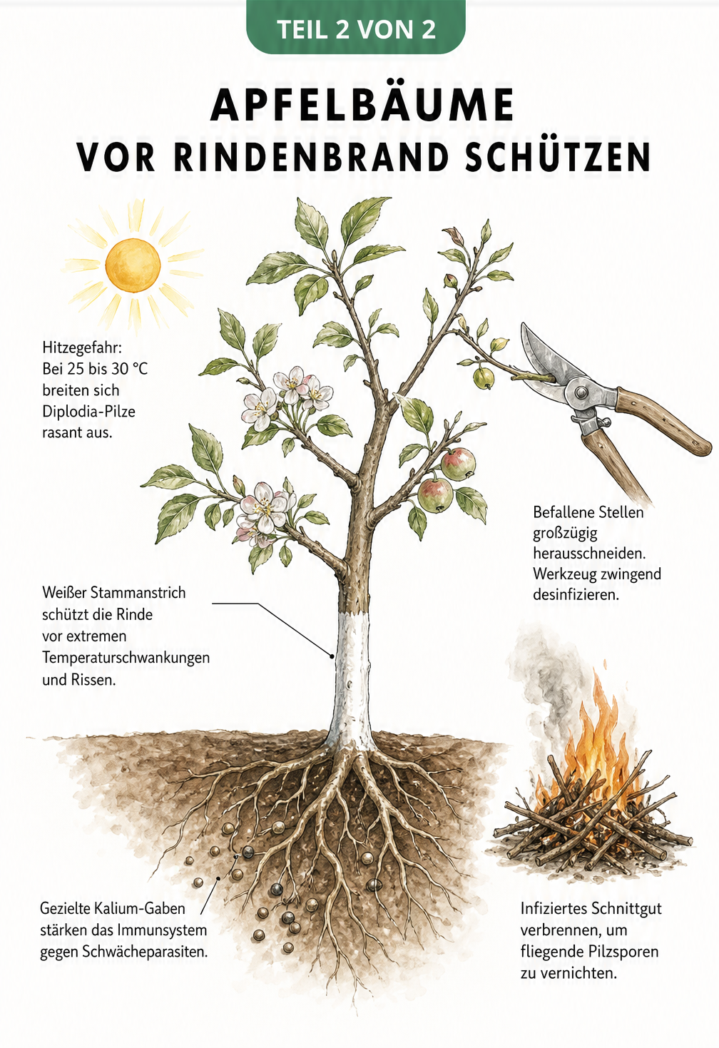 Illustration eines jungen Apfelbaums mit präventiven Maßnahmen gegen Rindenbrand wie weißem Stammanstrich, Kalium-Gaben, großzügigem Rückschnitt und dem...