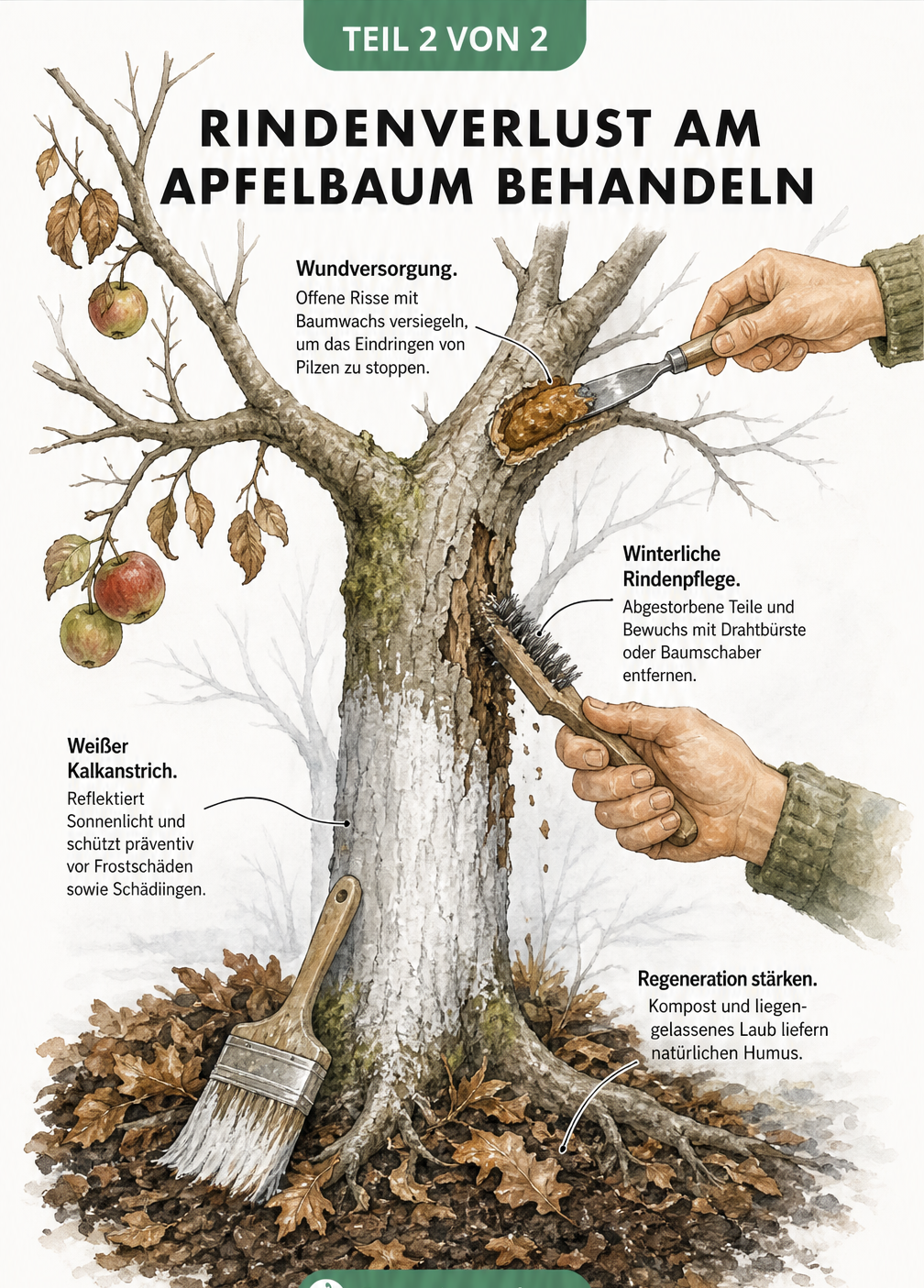 Illustration zur Behandlung von Rindenverlust am Apfelbaum: Kompost am Wurzelbereich, Kalkanstrich am Stamm, Rindenpflege mit Drahtbürste und Wundverschluss...