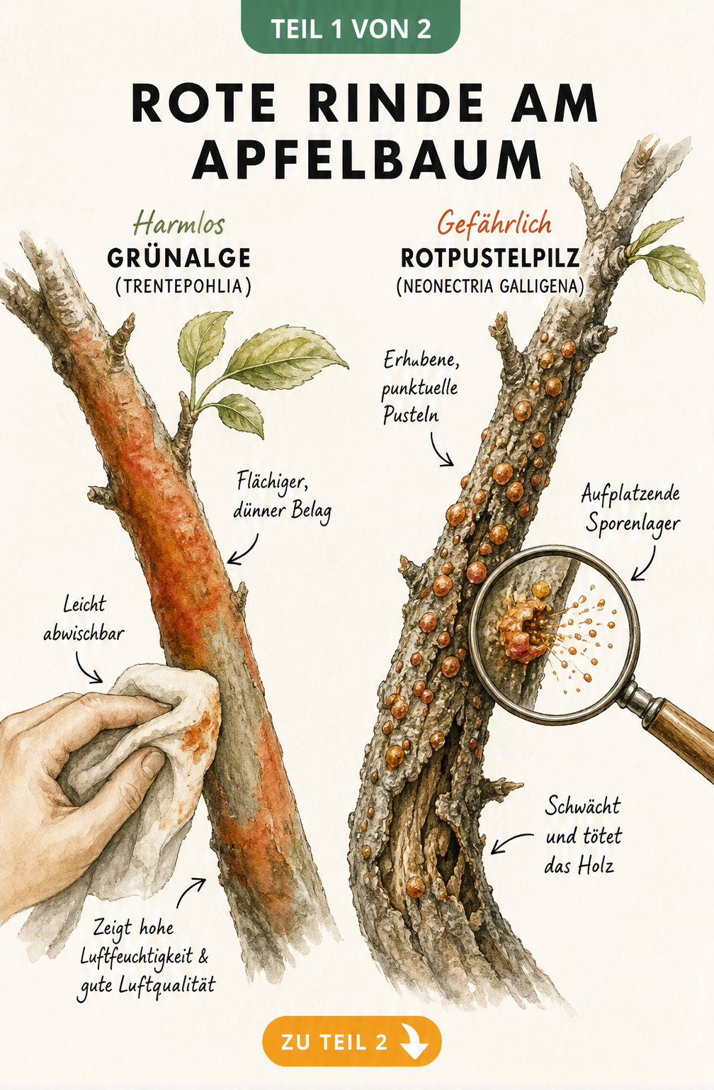 Illustration eines Apfelbaumastes mit harmlosen Grünalgen und eines Astes mit gefährlichem Rotpustelpilz im Vergleich