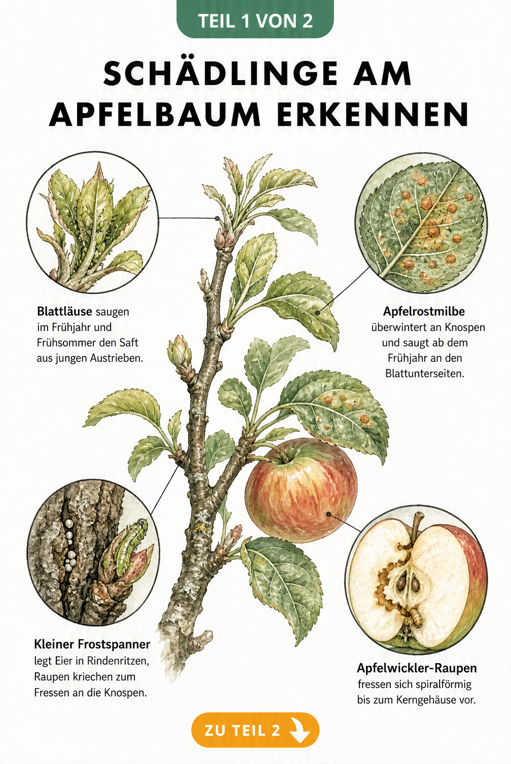 Botanische Illustration eines Apfelbaumzweigs mit Lupen-Ansichten von Blattläusen, Apfelrostmilbe, Frostspanner und Apfelwickler
