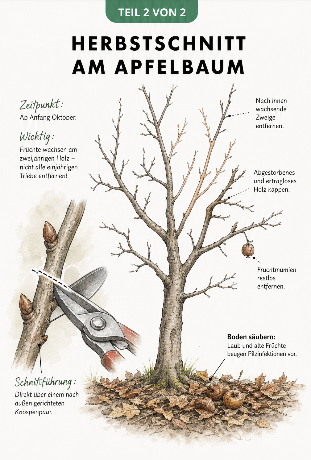 Illustration einer unbelaubten Apfelbaumkrone im Herbst mit Markierungen für den richtigen Schnitt von Ästen und Fruchtmumien