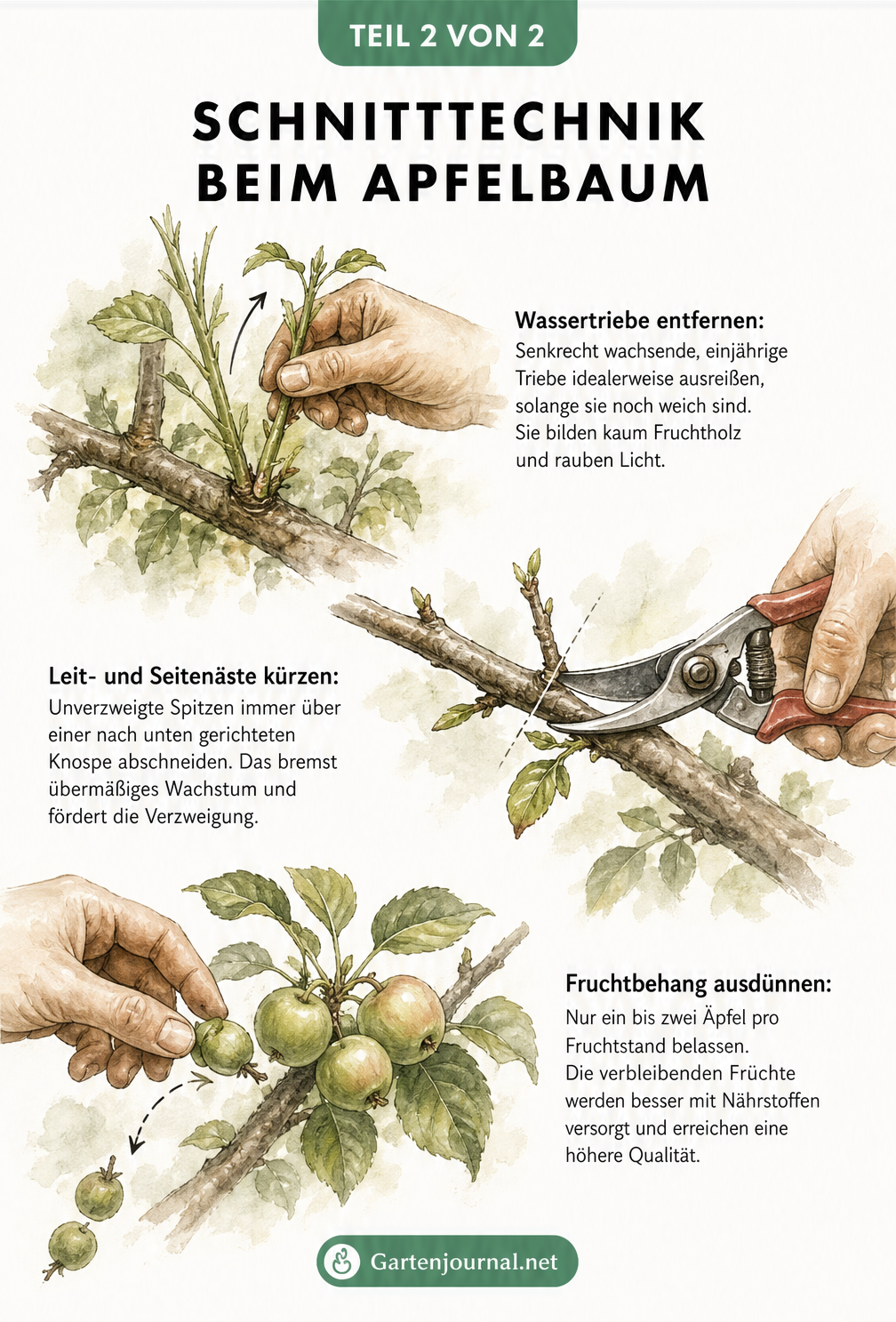 Zeichnungen zur Schnitttechnik am Apfelbaum: Wassertriebe ausreißen, Seitenäste kürzen und Fruchtbehang ausdünnen