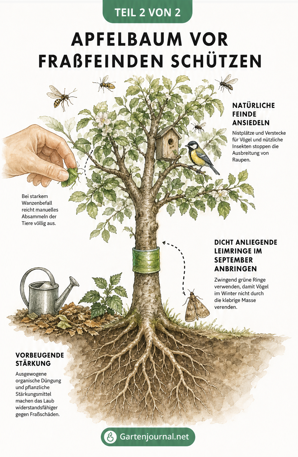 Illustration von Schutzmaßnahmen für den Apfelbaum wie Nützlinge, Leimringe und Düngung