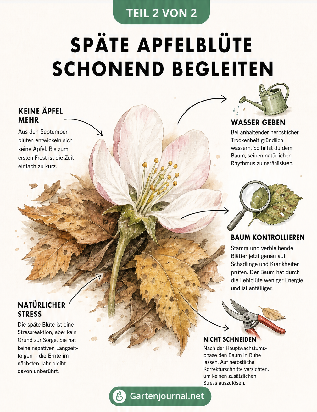 Illustration einer Apfelblüte auf Herbstlaub mit Pflegetipps zur Wasserversorgung, Baumkontrolle und zum Baumschnitt