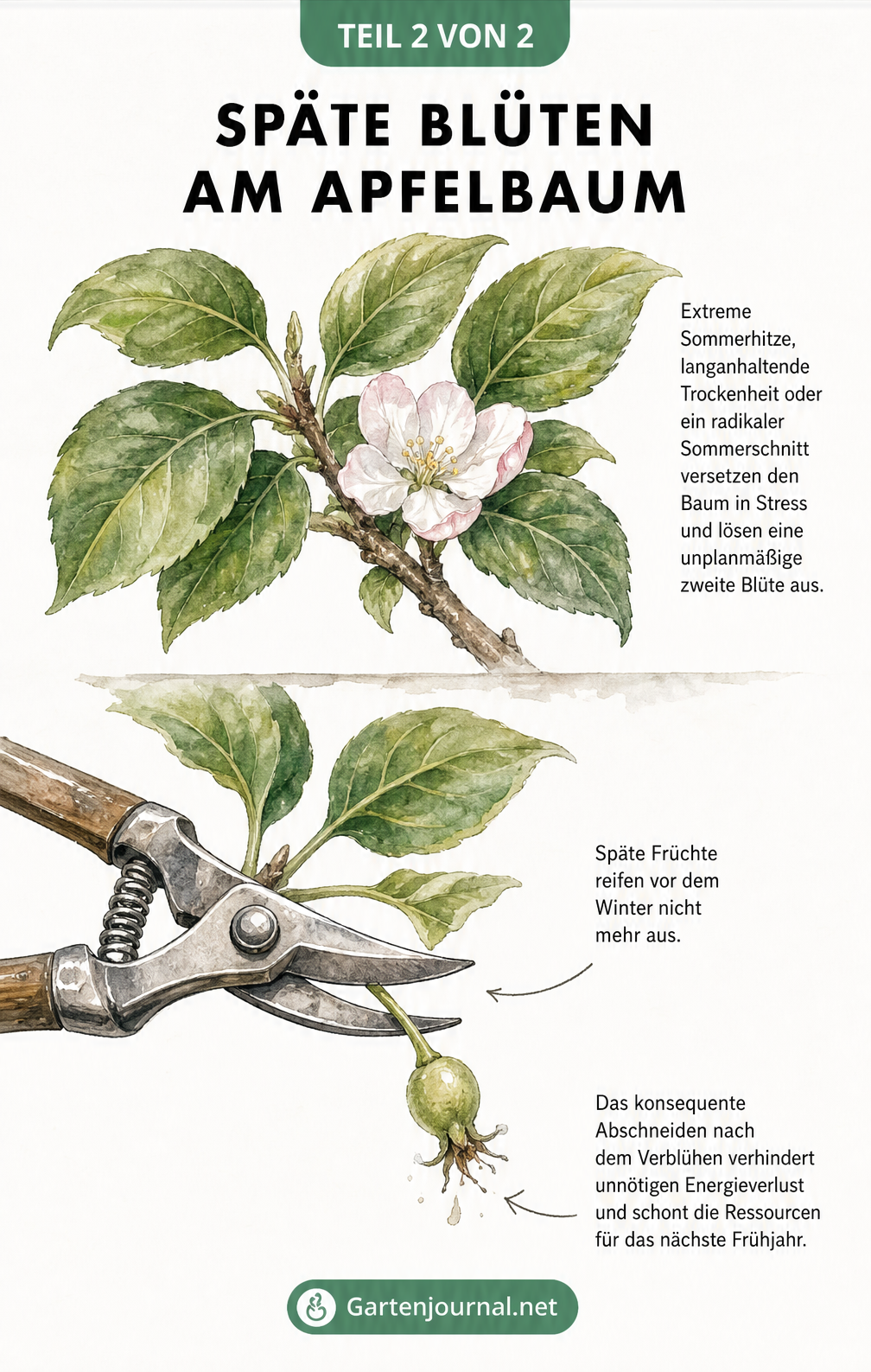 Skizze eines Apfelbaumastes im Sommer mit einer späten Blüte und einer Gartenschere, die einen unreifen Fruchtansatz abschneidet.