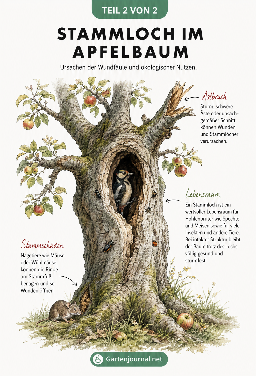 Illustration eines alten Apfelbaums mit Stammloch, das als Brutstätte für Vögel dient, sowie Ursachen für Wundfäule wie Astbruch und Nagetierfraß.