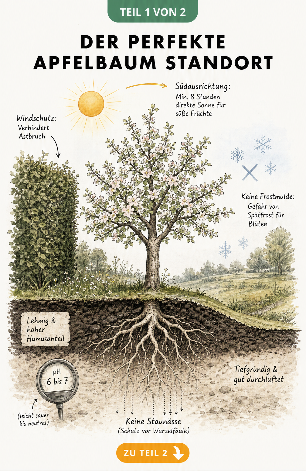 Illustration eines Apfelbaums mit Wurzeln im Boden, die ideale Standortbedingungen wie Sonne, Windschutz und Bodenbeschaffenheit zeigt