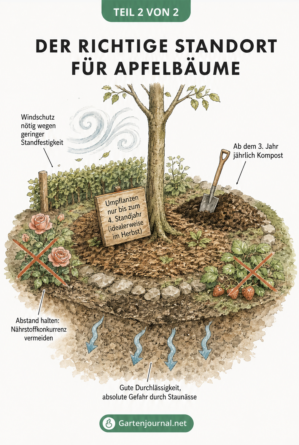 Isometrische Ansicht einer Apfelbaum-Baumscheibe mit Pflegehinweisen und Gefahren