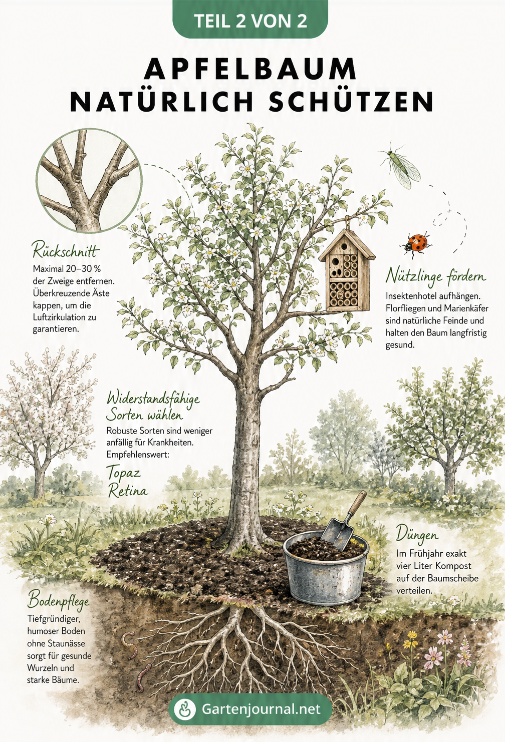 Illustration eines Apfelbaums mit Wurzelwerk und Hinweisen zu Rückschnitt, Standort, Düngung und Mischkultur