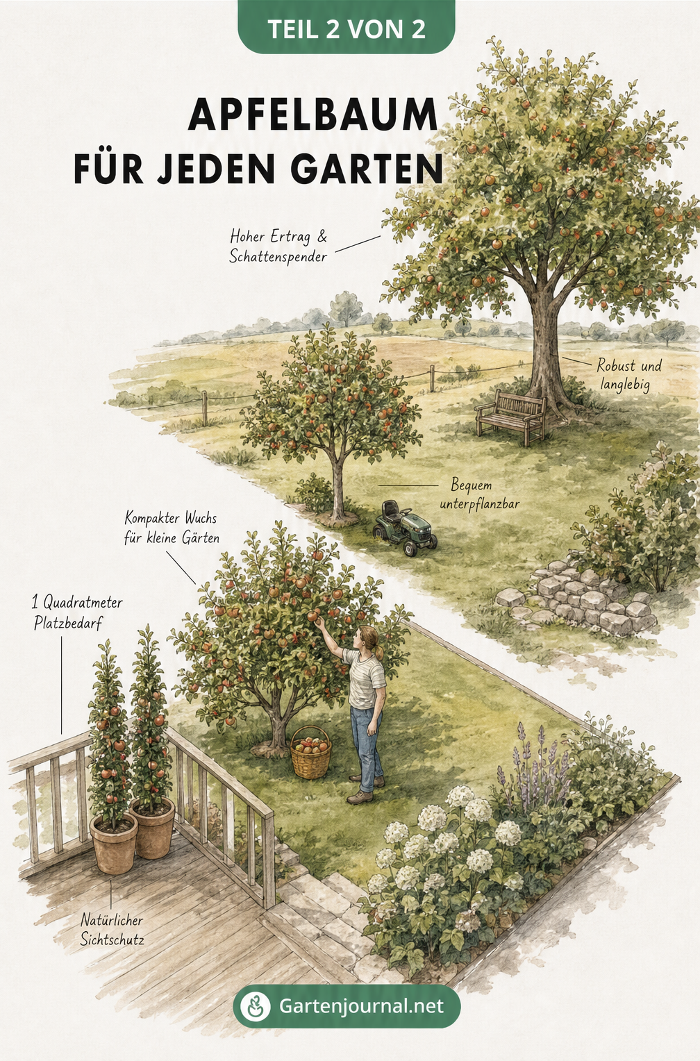 Isometrische Gartenarchitektur-Skizze, die den Platzbedarf und ideale Standorte für Säulenapfel, Buschbaum, Halbstamm und Hochstamm zeigt.