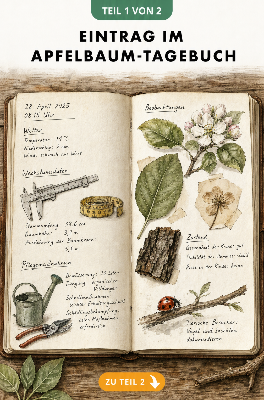 Aufgeschlagenes handgebundenes Notizbuch mit Messschieber, Gartenschere und Aquarellzeichnungen von Apfelbaumblättern und Blüten auf einem Holztisch