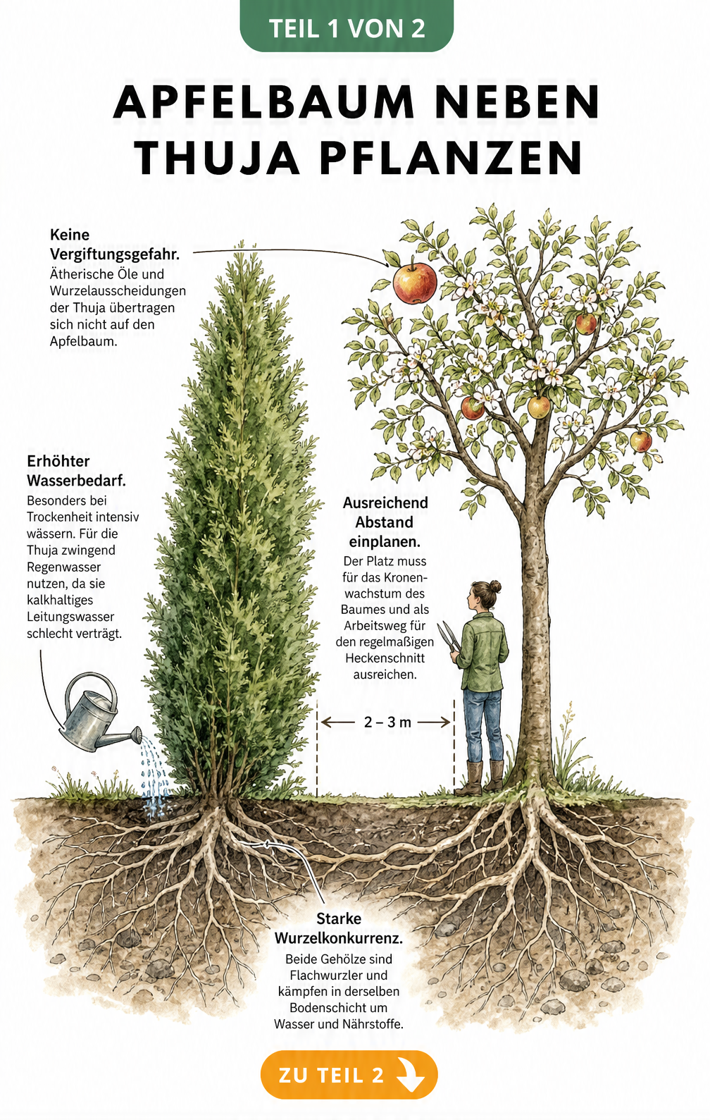 Querschnitt-Illustration eines Gartens mit Thujahecke und Apfelbaum, die den Wurzelbereich und den nötigen Abstand zeigt.