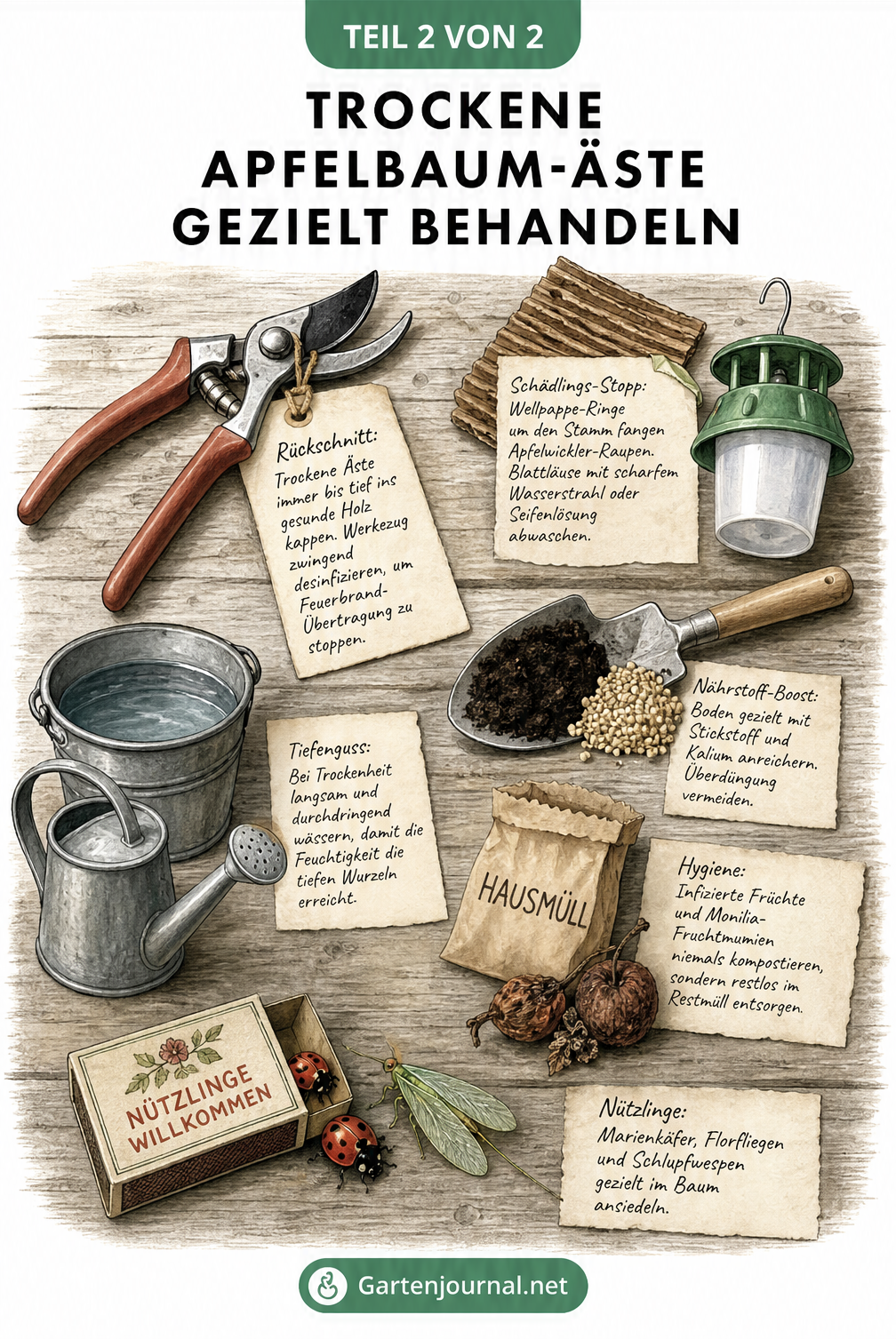 Illustration eines Pflanztisches mit Gartenwerkzeugen und Hilfsmitteln zur Behandlung trockener Apfelbaum-Äste, darunter Astschere, Pheromonfalle, Dünger und...