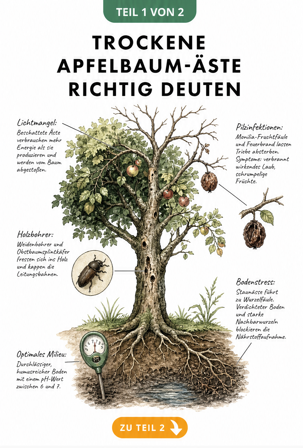 Botanische Illustration eines Apfelbaums im Querschnitt, die Ursachen für trockene Äste wie Lichtmangel, Holzbohrer, Pilzinfektionen und Bodenstress zeigt.