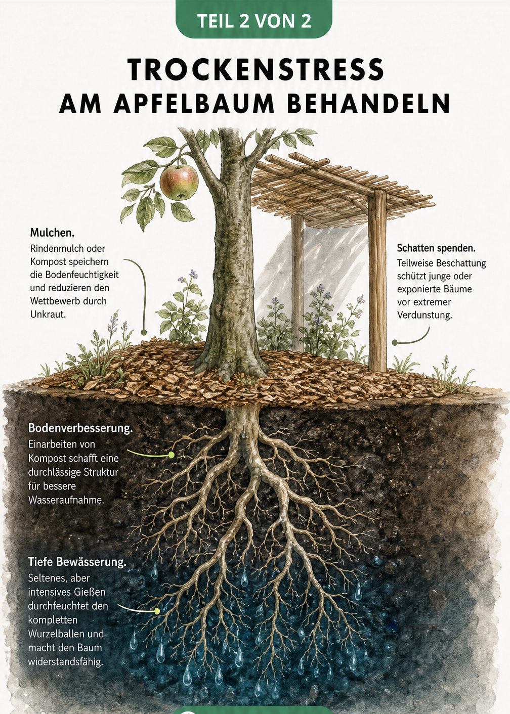 Querschnitt-Illustration zur Behandlung von Trockenstress am Apfelbaum durch Mulchen, Beschattung und tiefe Bewässerung