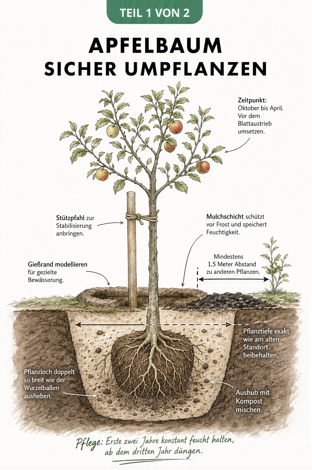 Botanische Querschnitt-Illustration eines frisch umgepflanzten Apfelbaums mit Stützpfahl, Gießrand und Mulchschicht