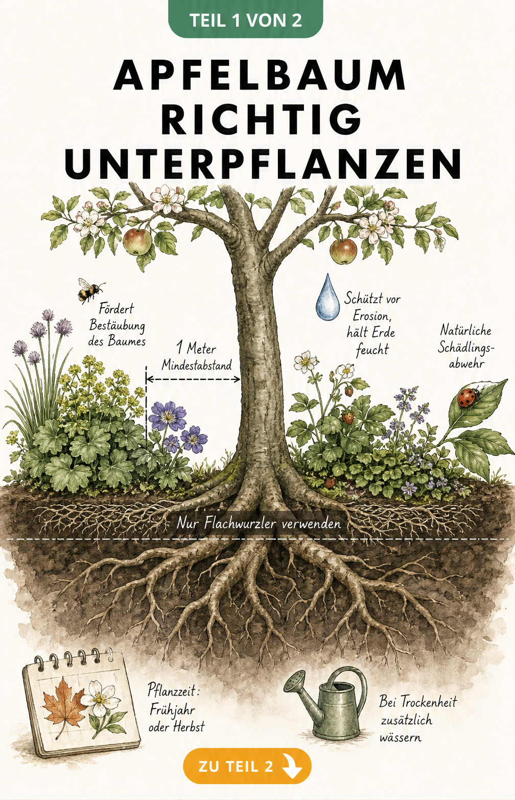 Querschnitt-Illustration eines Apfelbaums mit Wurzeln und Unterpflanzung, die 1 Meter Mindestabstand zum Stamm zeigt.