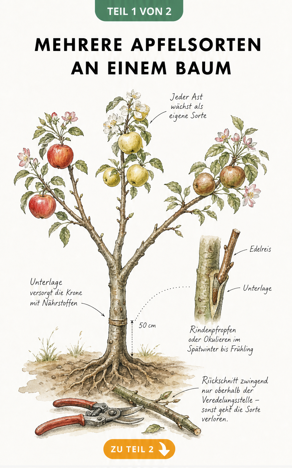 Botanische Illustration eines Apfelbaums mit Veredelungsstellen und drei verschiedenen Apfelsorten an einem Stamm