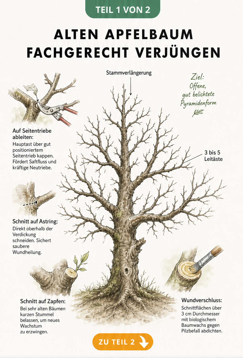 Botanische Illustration eines Apfelbaums mit Markierungen für Stammverlängerung, Leitäste und Schnitttechniken wie Ableiten und Schnitt auf Astring.